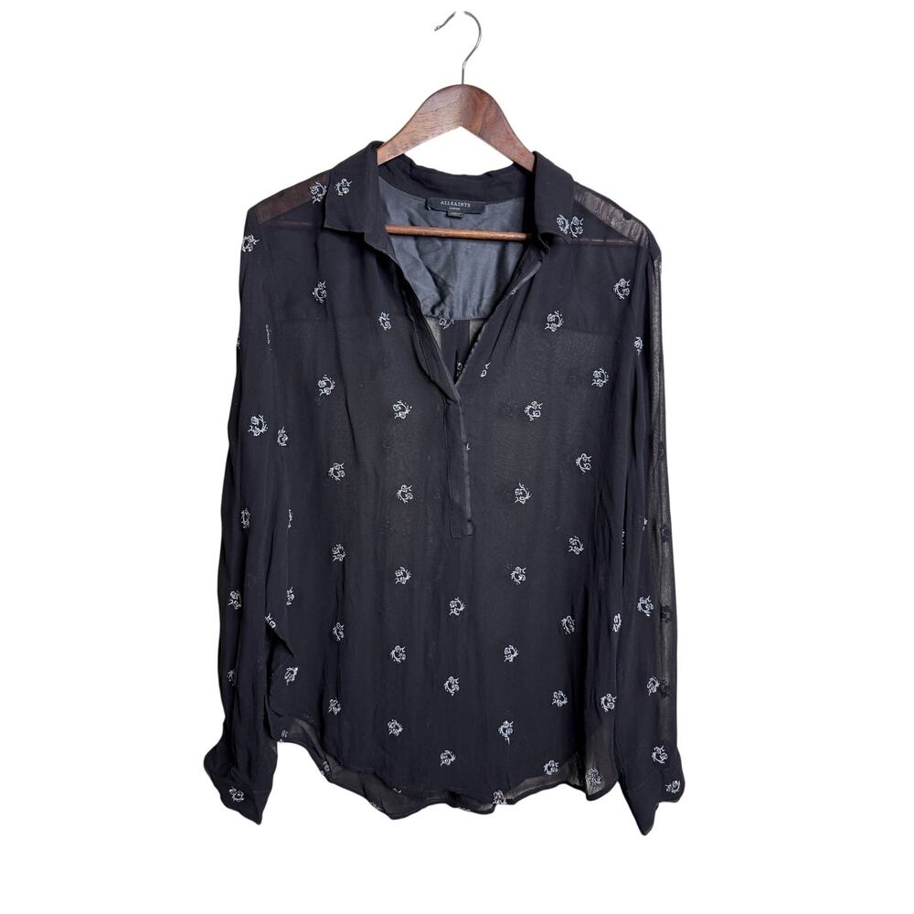 AllSaints Keri Cyla Beaded Sheer V-Neck High-Low Blouse L Black